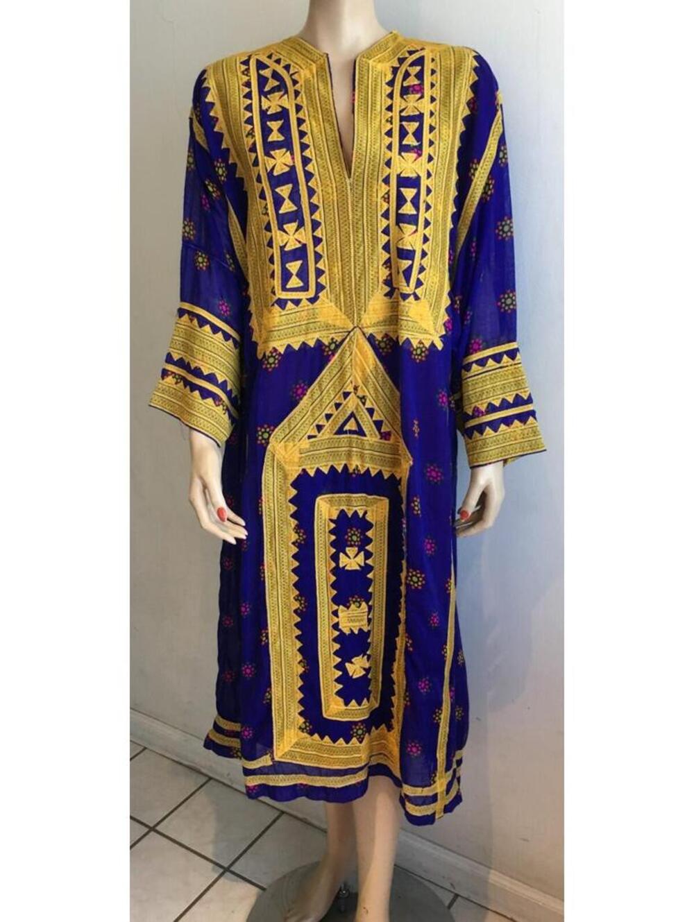 Vtg 70s Traditional Purple Gold Embroidered Kaftan Boho Dress Moroccan sz L